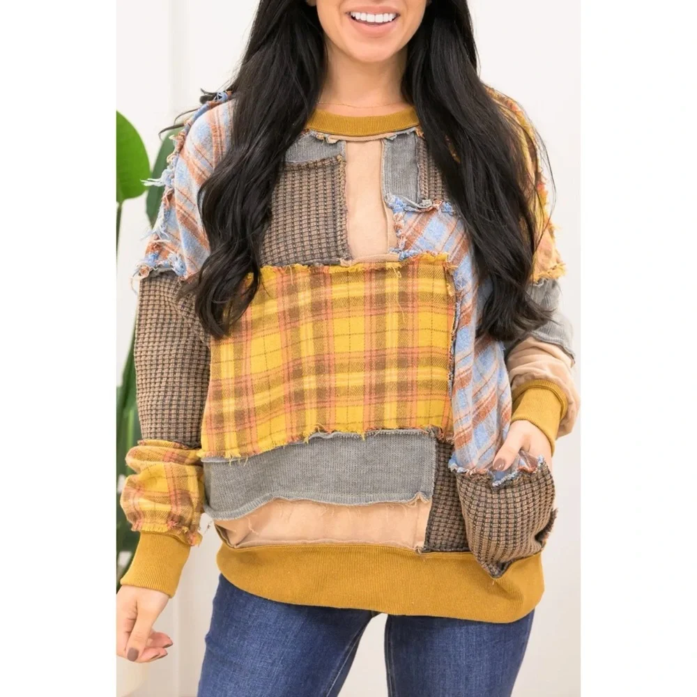 Oli & Hali Washed Mixed Fabric Plaid Pullover in Mustard Combo - Picture 3 of 14